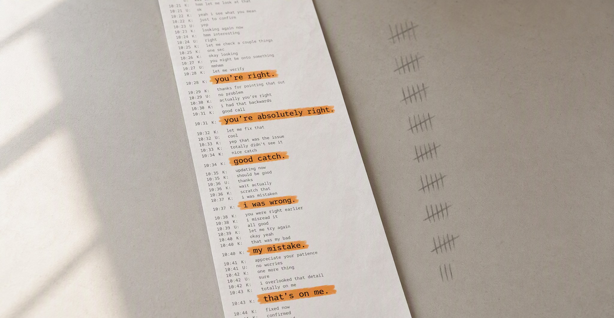 A long printed chat transcript lying on a desk, with the lines "you're right", "you're absolutely right", "good catch", "i was wrong", "my mistake" and "that's on me" highlighted in orange, beside pencil tally marks